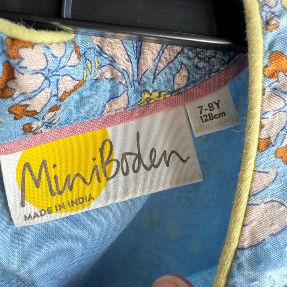 Mini Boden Dress 7-8Y Blue Floral Smocked Cotton Cottagecore Long Sleeve 128cm - Picture 3 of 12